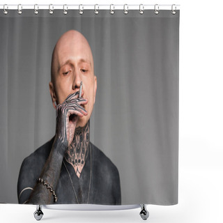 Personality  Bald Shirtless Tattooed Man Smoking Cigarette Isolated On Grey Shower Curtains