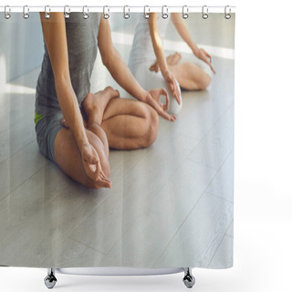 Personality  Close Up Of Yoga Couple People Hand Sitting Relaxation In Lotus Field On Floor In Studio Class. Shower Curtains