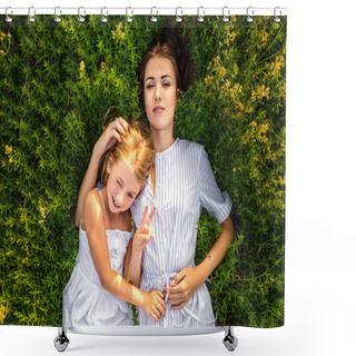 Personality  Top View Of Mother And Daughter Lying In Flowery Meadow And Looking At Camera Shower Curtains