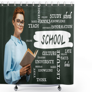 Personality  Teacher In Eyeglasses Holding Book Near Chalkboard With Lettering In Classroom  Shower Curtains
