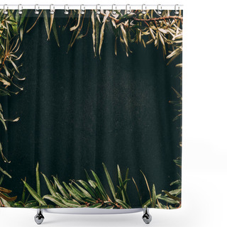 Personality  Flat Lay With Common Sea Buckthorn Branches Arranged On Black Background Shower Curtains