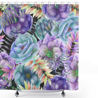 Personality  Seamless Pattern With The Watercolor Anemone Flowers, Fern, Leaves And Branches Shower Curtains