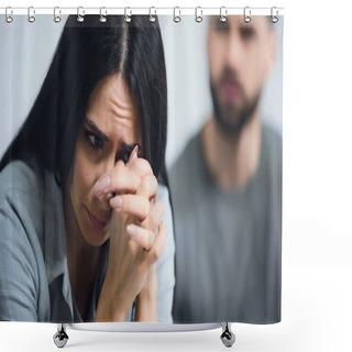 Personality  Sad Woman With Clenched Hands Covering Face While Crying Near Blurred Man  Shower Curtains