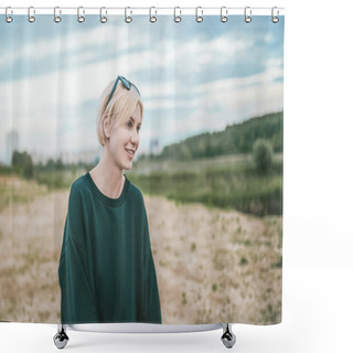 Personality  Smiling Blonde Woman With Sunglasses On Head Looking Away While Standing Outdoors Shower Curtains