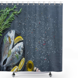 Personality  View From Above Of Raw Fish With Lemon, Bay Leaves And Rosemary In Tray On Black Table Covered By Salt And Pepper Shower Curtains