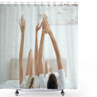 Personality  Young Man And Woman With Raised Hands Lying On Bed  Shower Curtains