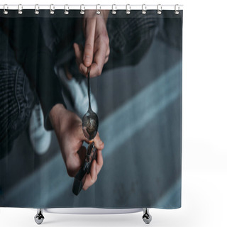 Personality  Cropped Shot Of Addicted Man Boiling Heroin In Spoon With Lighter Shower Curtains