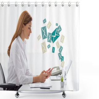 Personality  Side View Of Businesswoman Using Smartphone Near Documents And Laptop On Table, E-mail Illustration Shower Curtains
