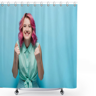 Personality  Young Woman With Pink Hair Showing Yeah Gesture On Blue Background Shower Curtains