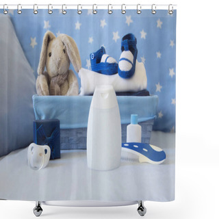 Personality  Baby Background With Blue Basket And Bootees With Space To Text Design Shower Curtains