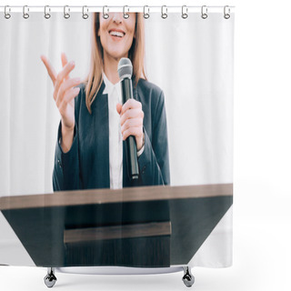 Personality  Cropped Image Of Smiling Speaker Gesturing And Talking At Podium Tribune During Seminar In Conference Hall Shower Curtains