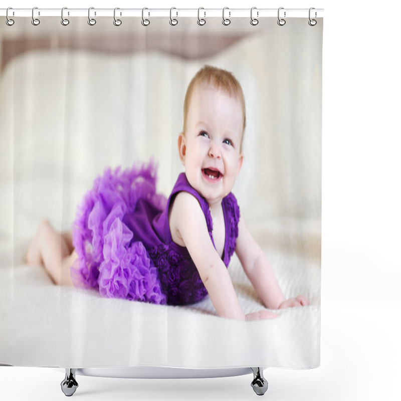 Personality  Laughing Baby Girl In Purple Dress On White Bed Shower Curtains