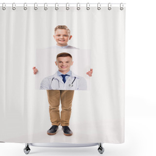 Personality  Adorable Boy Pretending To Be Professional Doctor, Isolated On White  Shower Curtains