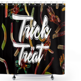 Personality  Top View Of Colorful Gummy Spiders And Worms Isolated On Black With Trick Or Treat Illustration Shower Curtains