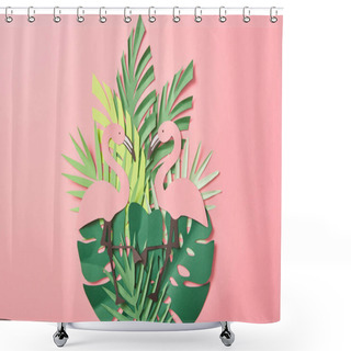 Personality  Top View Of Paper Cut Flamingos On Green Palm Leaves On Pink Background Shower Curtains
