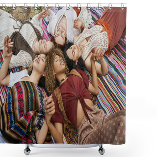 Personality  High Angle View Of Interracial Women Holding Hands And Lying On Blanket In Retreat Center Shower Curtains