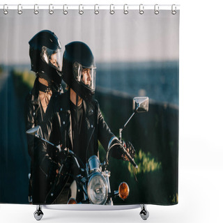 Personality  Couple Of Bikers In Helmets Riding Motorcycle Shower Curtains
