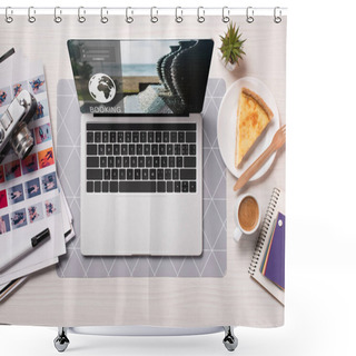 Personality  Office Desk With Laptop With Booking Website On Screen, Flat Lay Shower Curtains