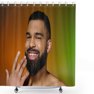 Personality  A Smiling Young Man With A Beard Showcasing His Skincare Routine. Shower Curtains