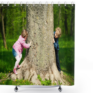 Personality  Girl And Boy Playing Hide And Seek Shower Curtains