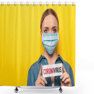 Personality  Young Woman In Medical Mask Holding Card With Coronavirus Lettering On Isolated On Yellow Shower Curtains