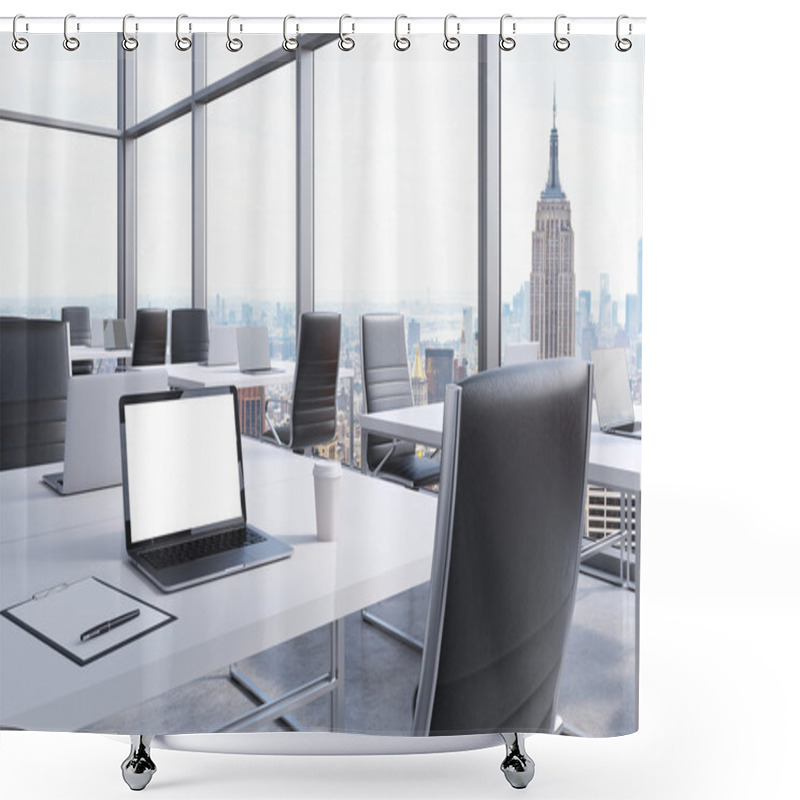 Personality  Workplaces In A Modern Corner Panoramic Office In Manhattan, New York City. White Tables And Black Chairs. A Laptop With A White Screen, Notepad And A Coffee Cup. 3D Rendering. Shower Curtains