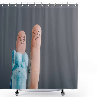 Personality  Cropped View Of Fingers As Smiling Pregnant Couple In Glasses Holding Hands Isolated On Grey Shower Curtains