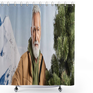 Personality  Santa In Warm Outfit Posing Next To Pine Tree And Looking At Camera, Christmas Concept, Banner Shower Curtains