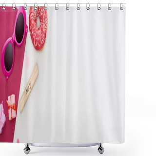 Personality  Panoramic Shot Of Wooden Block With May Inscription, Donut, Sunglasses, Gift Boxes, Crimson Paper Isolated On White Shower Curtains