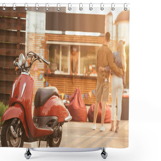 Personality  Back View Of Couple Standing Near Food Truck With Scooter On Foreground Shower Curtains