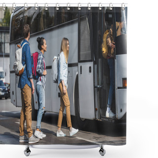 Personality  Young Smiling Tourists With Rucksacks Walking Into Travel Bus At City Street  Shower Curtains