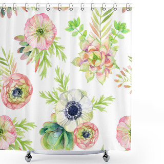 Personality  Watercolor Seamless Pattern With Anemone And Herbs Shower Curtains