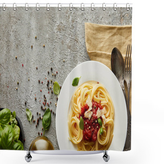 Personality  Top View Of Delicious Spaghetti With Tomato Sauce On Plate Near Basil Leaves And Cutlery On Grey Textured Surface Shower Curtains