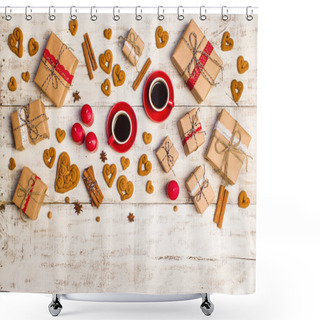 Personality  Two Red Coffee Cups, Cookies In The Shape Of A Heart And Gifts  Shower Curtains