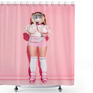 Personality  Girl Covering Face With Shiny Disco Ball While Standing In Roller-skates On Pink Shower Curtains