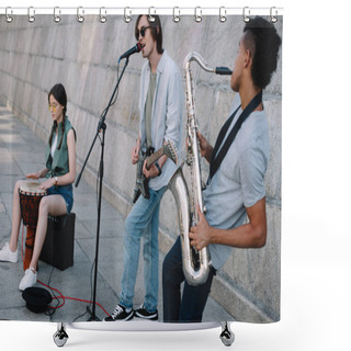 Personality  Team Of Young Friends Musicians Playing And Singing In Urban Environment Shower Curtains