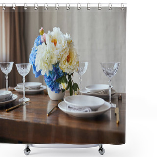 Personality  White Plates, Cutlery, Crystal Glasses And Bouquet In Vase On Wooden Table At Home Shower Curtains