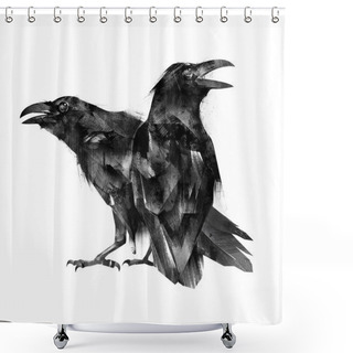 Personality  Painted Sitting Bird Crows On A White Background Shower Curtains