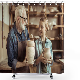 Personality  Granddaughter And Grandfather Holding And Examining Clay Goods Shower Curtains