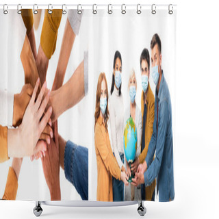Personality  Collage Of Multiethnic People Holding Hands And Globe While Wearing Medical Masks Isolated On White, Banner  Shower Curtains