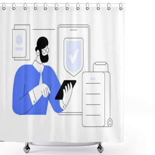 Personality  Buying Insurance Online Isolated Cartoon Vector Illustrations. Man Buying Travel Insurance Using Smartphone, Legal Service, Health Care And Protection, Modern Technology Vector Cartoon. Shower Curtains