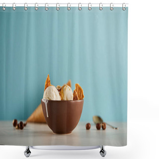 Personality  Bowl Of Delicious Ice Cream With Pieces Of Waffle On Blue With Copyspace Shower Curtains
