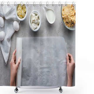 Personality  Cropped Shot Of Woman Holding Baking Paper With Arranged Ingredients For Pie On Grey Tabletop Shower Curtains
