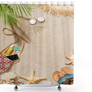 Personality  Top View Of Stylish Female Accessories Lying On Sandy Beach Shower Curtains