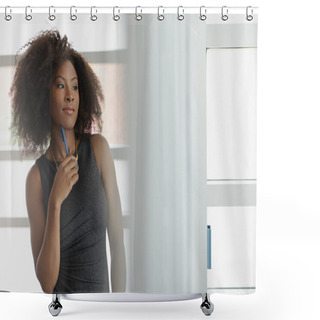 Personality  Portrait Of A Smiling Business Woman With An Afro In Bright Glass Office Shower Curtains