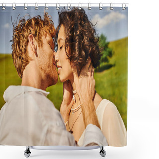 Personality  Rural Wedding In Countryside, Multiethnic Newlyweds Kissing In Green Field, Just Married Couple Shower Curtains