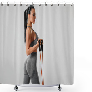 Personality  Athletic Girl Working Out With Resistance Band On Gray Background. Fitness Woman Exercises With Expander Shower Curtains