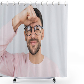 Personality  Portrait Of Serious Handsome Young Male With Beard And Mustache, Keeps Hand On Forhead, Wears Pink Clothes, Isolated Over White Studio Background. Hispter Guy Has Some Problems With Work Or Projects Shower Curtains
