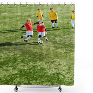 Personality  A Group Of Young Children Energetically Playing A Game Of Soccer On A Grassy Field. They Are Running, Dribbling, Passing, And Kicking The Ball With Enthusiasm And Teamwork. Shower Curtains