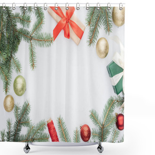 Personality  Flat Lay With Arranged Pine Tree Branches, Gifts And Christmas Toys Isolated On White Shower Curtains